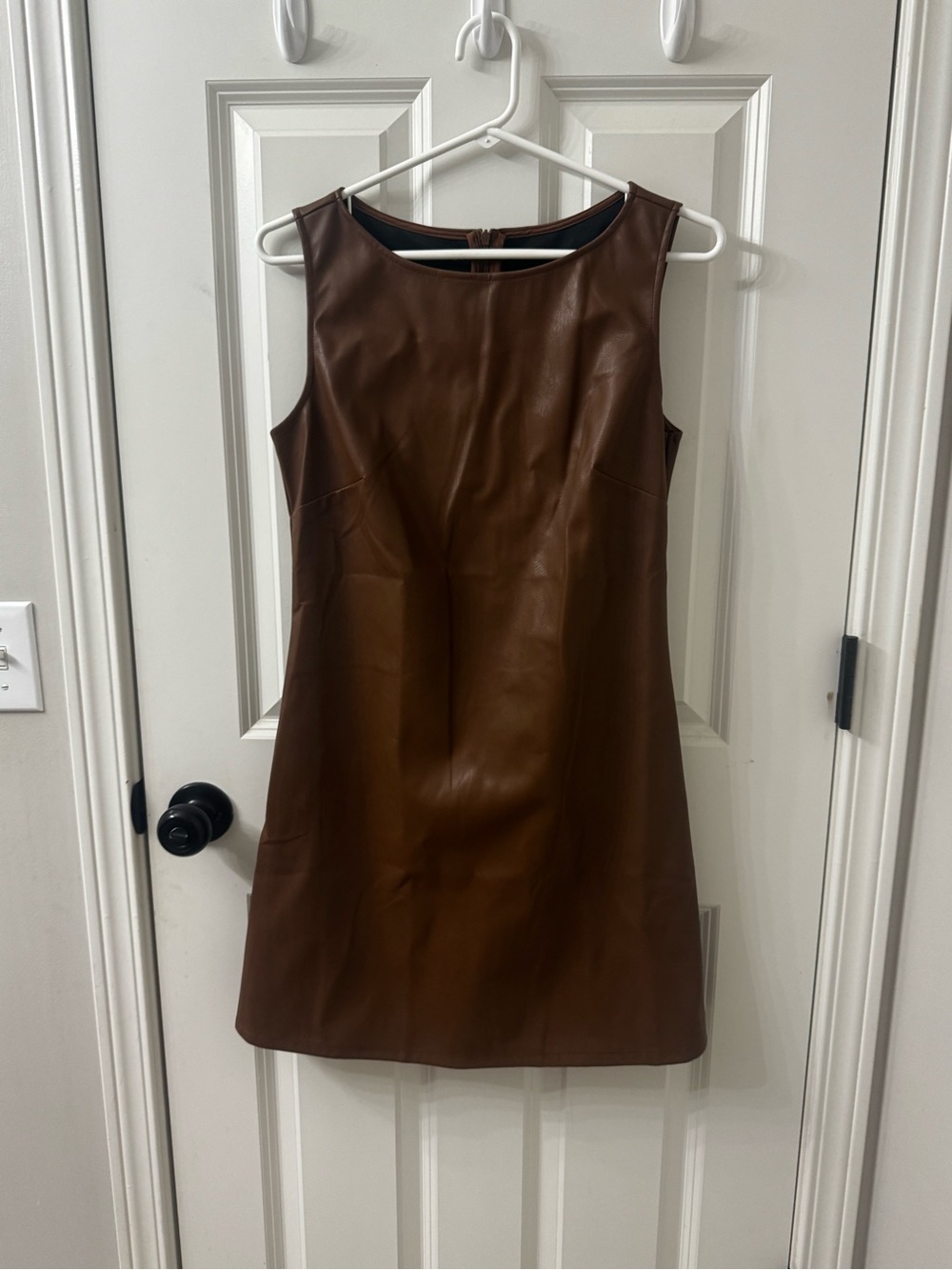 Sleeveless Faux Leather Shift Dress in Brown-size small